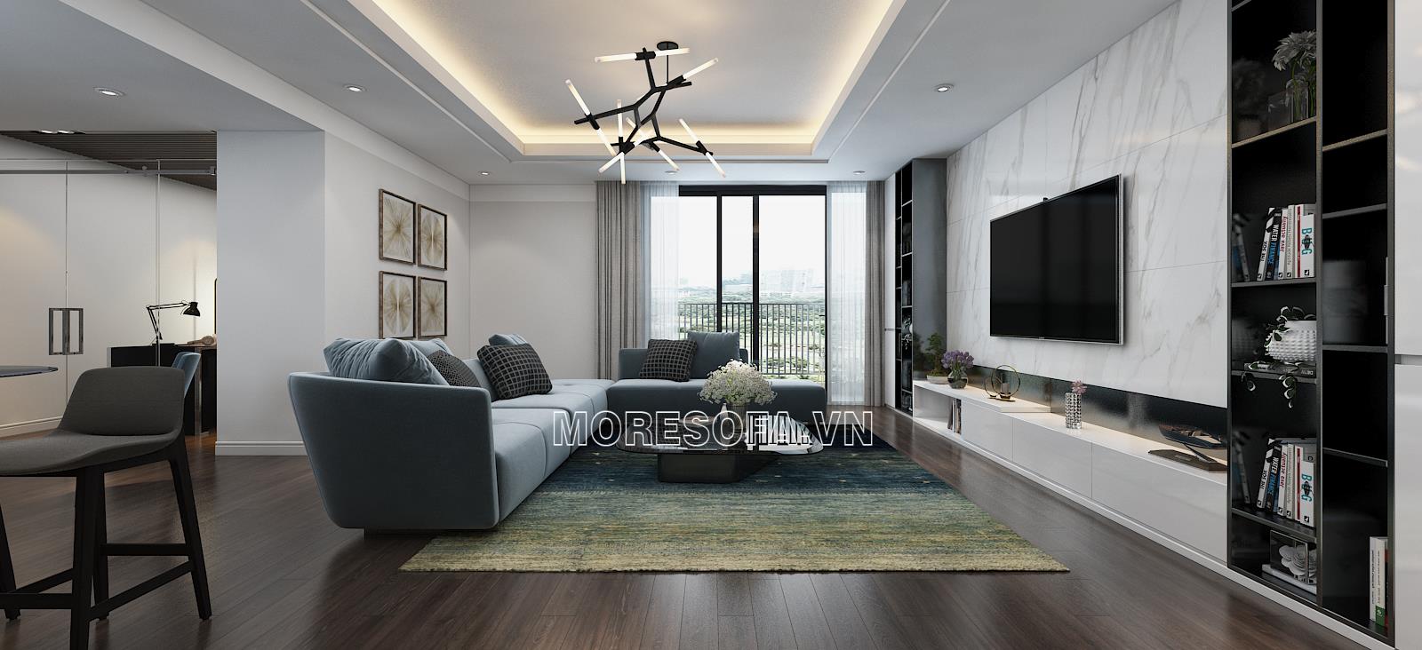 Trang trí phòng khách biệt thự đẹp với bộ sofa góc l bọc nỉ nhập khẩu
