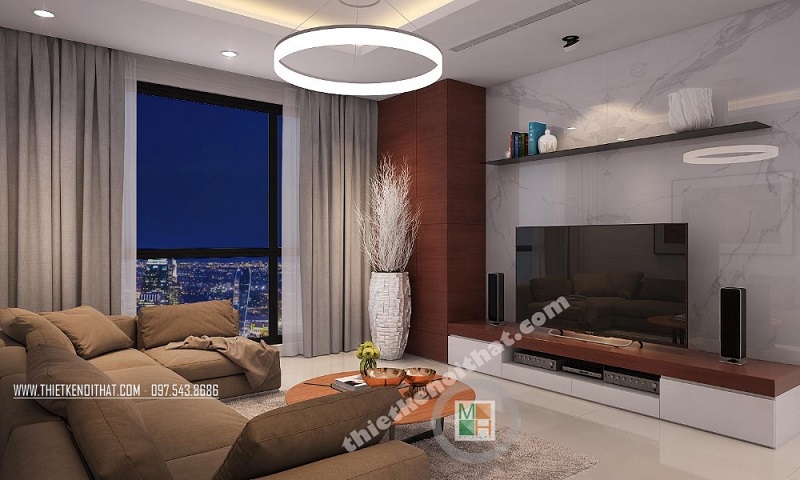 Trang trí nội thất phòng khách chung cư hiện đại với bộ sofa bọc vải cao cấp kết hợp đèn trang trí ấn tượng mang đến không gian lí tưởng