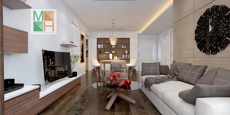 Trang trí phòng khách chung cư độc đáo với đồ nội thất nhỏ gọn tiện nghi: đồng hồ treo tường độc đáo, kệ ti vi, bộ sofa màu trắng