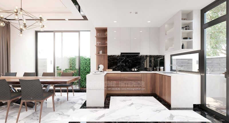 Mẫu tủ bếp cao cấp được thiết kế ấn tượng với sự phân chia khoa học mang lại sự thuận tiện cho người nấu. Thiết kế và sản xuất tủ bếp đẹp