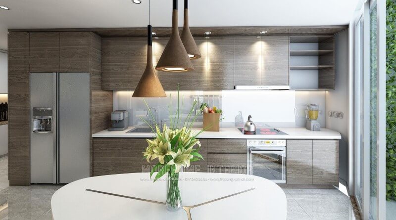 Thiết kế tủ bếp gỗ An Cường cho chung cư hiện đại. Để tạo nên không gian bếp ấn tượng, sạch sẽ và rộng rãi, gia chủ đã lựa chọn sử dụng đá ốp bên màu trắng solid surface cao cấp góp phần tạo nên một không gian bếp đẹp mắt Thiết kế và sản xuất tủ bếp đẹp