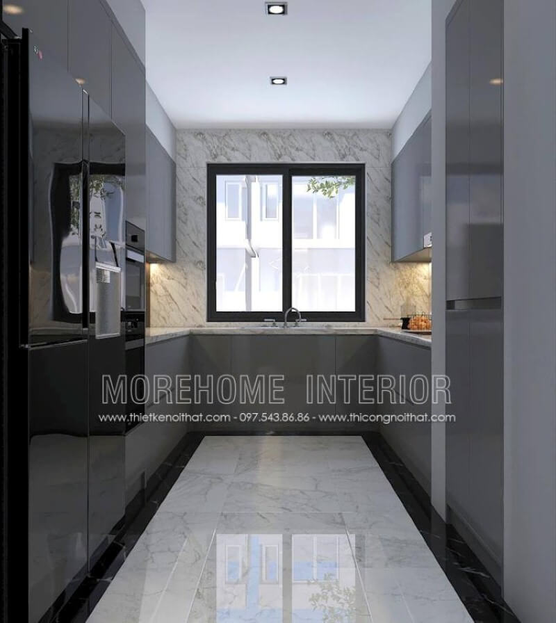 Trang trí nội thất phòng bếp không được lớn, việc sử dụng máy hút mùi có thể giúp lọc sạch không khí tuy nhiên việc bố trí cửa sổ lớn vừa giúp không khí lưu thông lại mang lại nguồn sinh khí có thể là điểm đáng chú ý. Nội thất phòng bếp