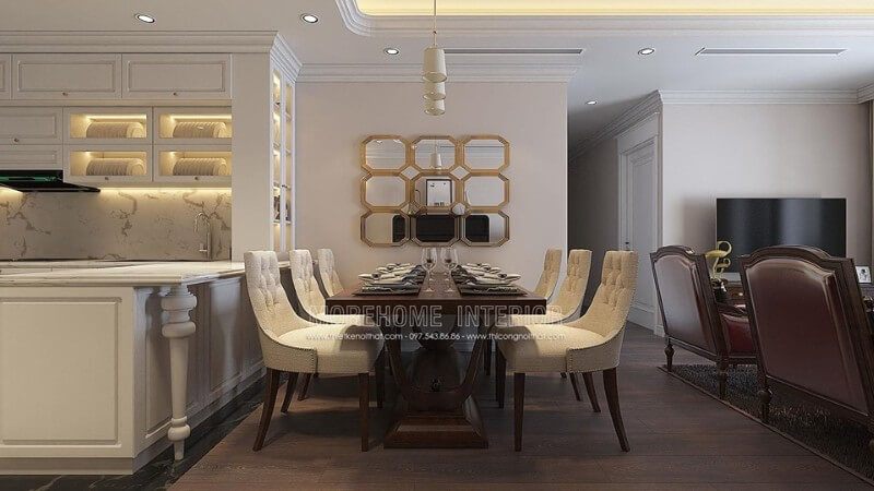 Gương trang trí là điểm nhấn ấn tượng cho khu vực bàn ăn