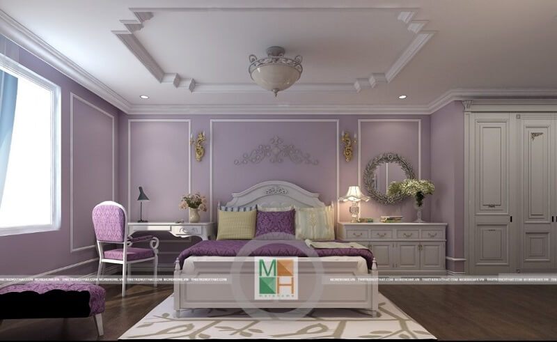 Gương trang điểm kết hợp trang trí tiện lợi trong phòng ngủ cao cấp mang phong cách tân cổ điển của nhà phố, biệt thự.
